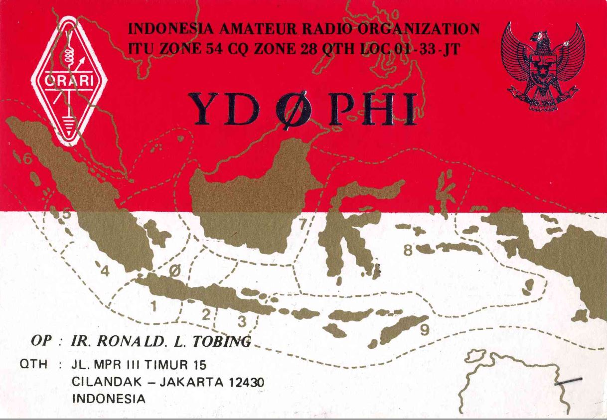 Front QSL card, of YD0PHI to IK2GRA, January 26, 1988, CW mode. The QSL image contains the following objects: Book, Publication, Plot, Advertisement, Poster. And contains this text: INDONESIA AMATEUR RADIO ORGANIZATION ITU ZONE 54 CQ ZONE 28 QTH LOC 01-33-JT ORARI 1 2 3 9 OP : IR. RONALD. L. TOBING QTH : JL. MPR III TIMUR 15 INDONESIA INDONESIA AMATEUR RADIO ORGANIZATION ITU ZONE 54 CQ ZONE 28 QTH LOC 01-33-JT ORARI YD PHI 1 2 3 9 RONALD. L. TOBING QTH : JL. MPR III TIMUR 15 12430 INDONESIA.