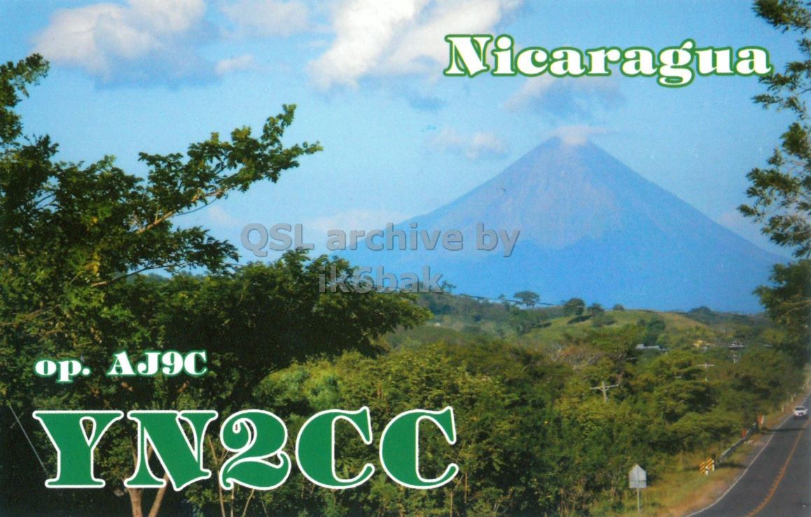 Front QSL card, of YN2CC to IK2GRA, September 21, 2012, CW mode. The QSL image contains the following objects: Mountain, Nature, Outdoors, Scenery, Vegetation. And contains this text: Nicaragua QSL archive by ikobak ор. AJ9C YN2CC Nicaragua QSL archive by ikobak AJ9C YN2CC.