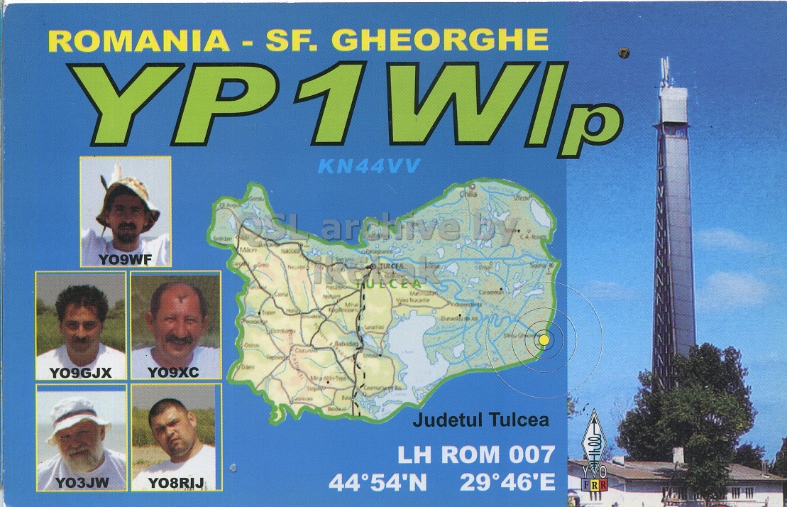 Front QSL card, of YP1W/P to IK6CQC, August 4, 2006, SSB mode. The QSL image contains the following objects: Baby, Person, Plot, Adult, Man. And contains this text: YP1WIp KN44VV Chilia YO9WF JULCEA Dam YO9GJX YO9XC Judetul Tulcea LH ROM 007 YO3JW YO8RIJ 29°46'E 44°54'N F R R GHEORGHE YP1WIp KN44VV Chilia YO9WF JULCEA Vales Dam YO9GJX YO9XC Judetul Tulcea LH ROM 007 YV YO3JW YO8RIJ 29°46'E 44°54'N F R R.