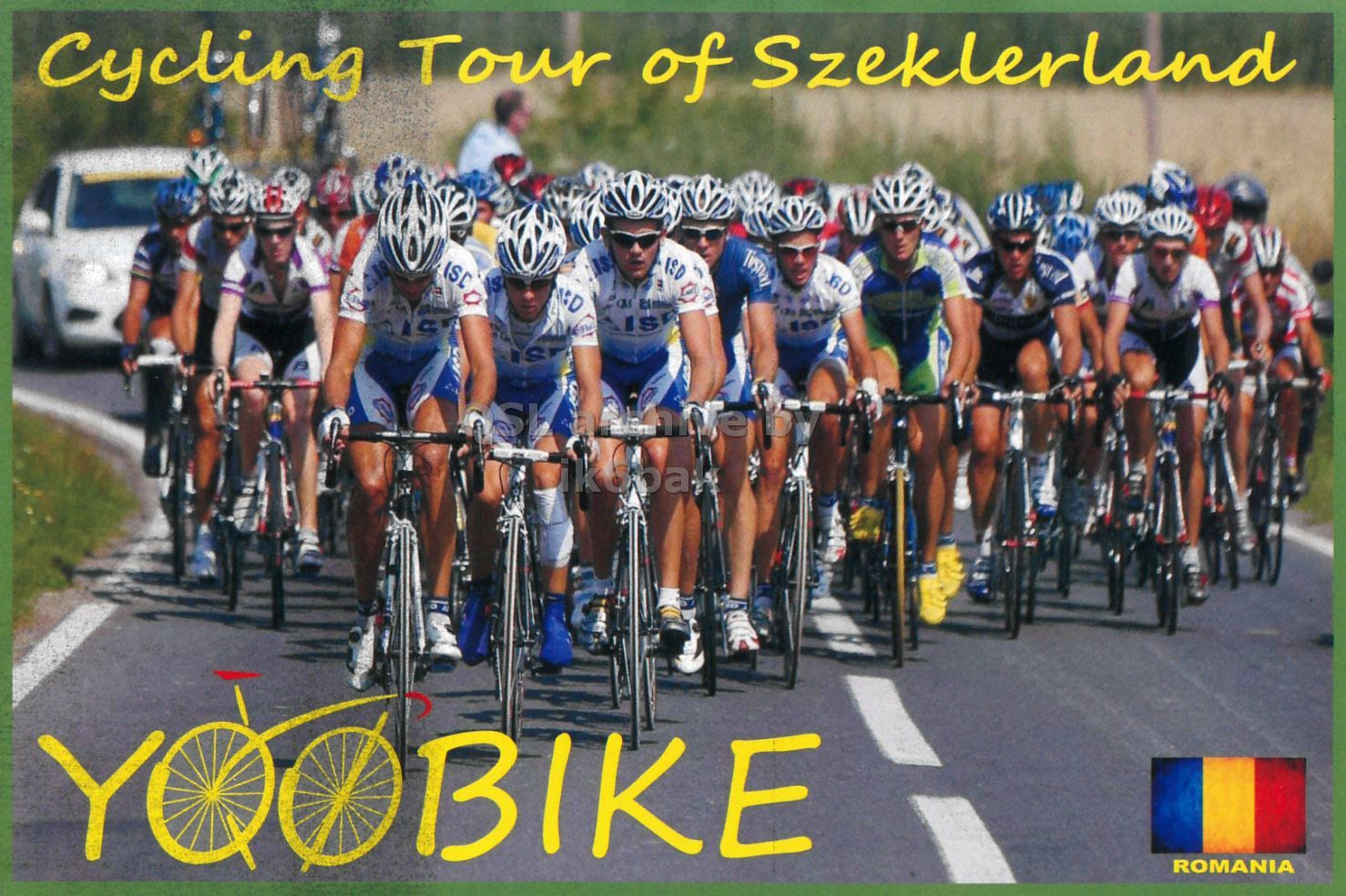 Front QSL card, of YQ0BIKE to IK2GRA, August 13, 2017, CW mode. The QSL image contains the following objects: People, Person, Helmet, Bicycle, Cycling. And contains this text: Cycling Tour of Szeklerland ISD ISC IS is Y BIKE ROMANIA.