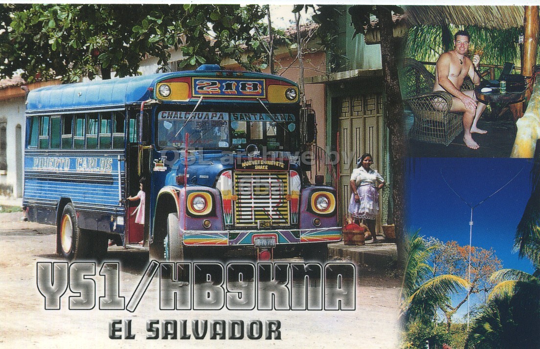 Front QSL card, of YS1/HB9HNA to IK6CQC, December 26, 2005, SSB mode. The QSL image contains the following objects: Person, Adult, Male, Man, Bus. And contains this text: 2 CARLOS SHAKE EL SALUADOR 2 SANTA CARLOS SHAKE EL.