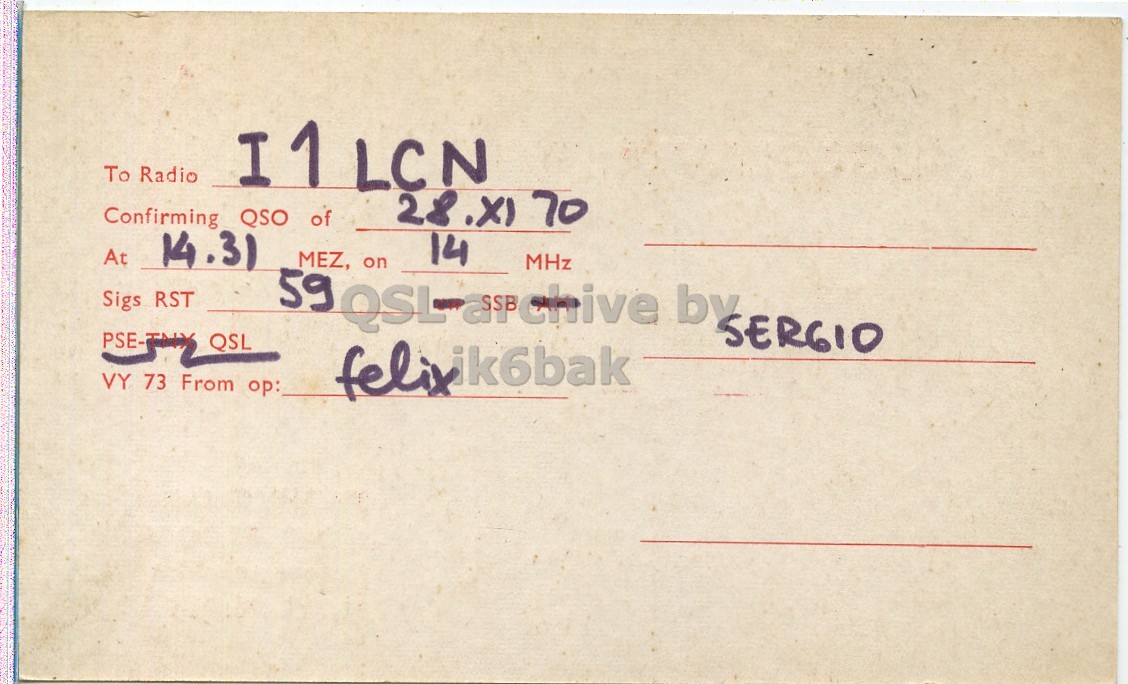 Right QSL card, of YU1FJK to I1LCN, November 28, 1970, PH mode. The QSL image contains the following objects: Envelope, Mail. And contains this text: To Radio Confirming QSO of At 14.31 14 MHz Sigs RST 59 MEZ, QSL on archive by SERGIO QSL VY 73 From op: To Radio Confirming QSO of TO At 14.31 14 MHz Sigs RST 59 MEZ, QSL on archive by SERGIO QSL VY 73 From op:.