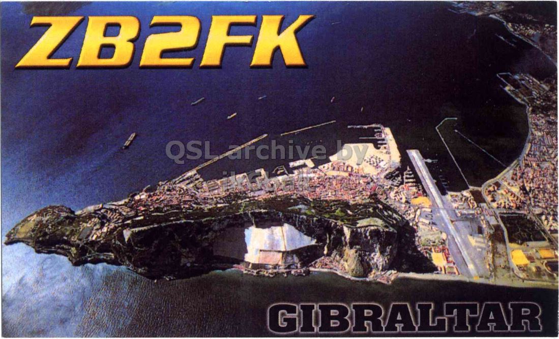 Front QSL card, of ZB2FK to IK2GRA, March 29, 2012, CW mode. The QSL image contains the following objects: Water, Waterfront, Land, Outdoors, Sea. And contains this text: ZB2FK QSL archive by GIBRALTAR ZB2FK QSL archive by GIBRALTAR.