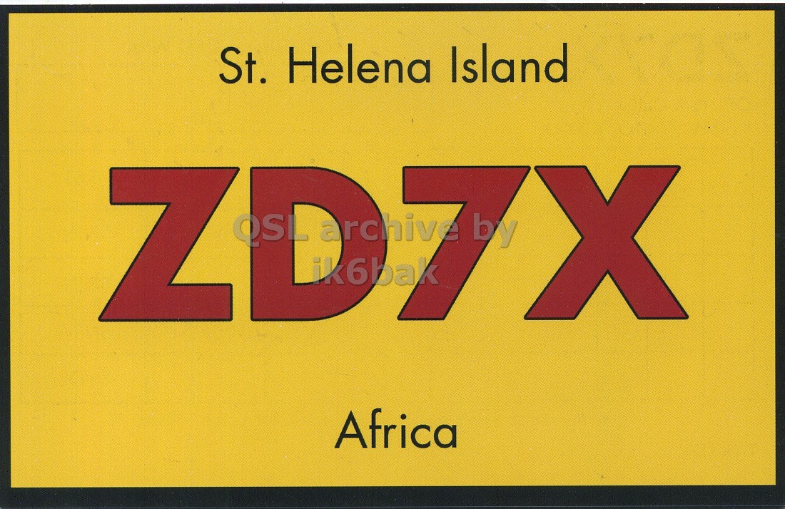 Front QSL card, of ZD7X to IK6CQC, October 14, 2007, SSB mode. The QSL image contains the following objects: Sign, Symbol. And contains this text: St. Helena Island Z OSL archive by Africa St. Helena Island Z archive by Africa.