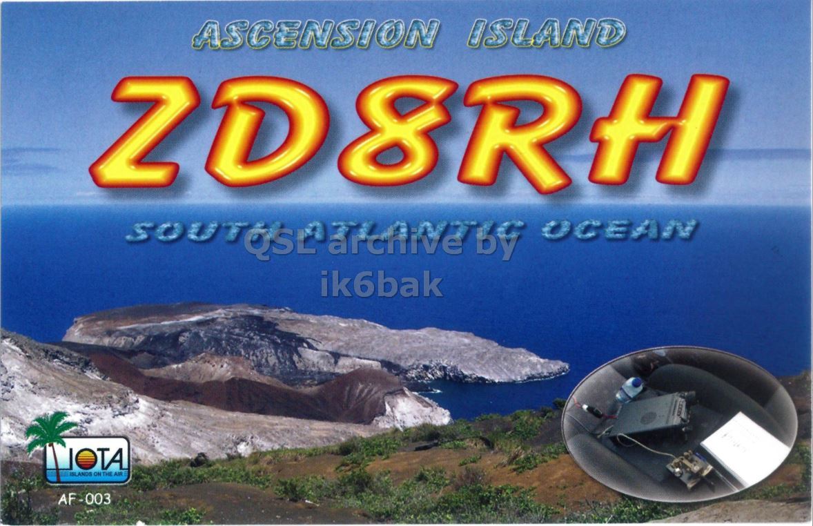 Front QSL card, of ZD8RH to IK2GRA, April 15, 2012, CW mode. The QSL image contains the following objects: Land, Nature, Outdoors, Sea, Peak. And contains this text: ASCENSION ISLAND 8RH OCEAN ik6bak IOTA ISLANDS ON THE AIR E AF-003 ASCENSION ISLAND 8RH OCEAN ik6bak IOTA ISLANDS ON THE AIR AF-003.