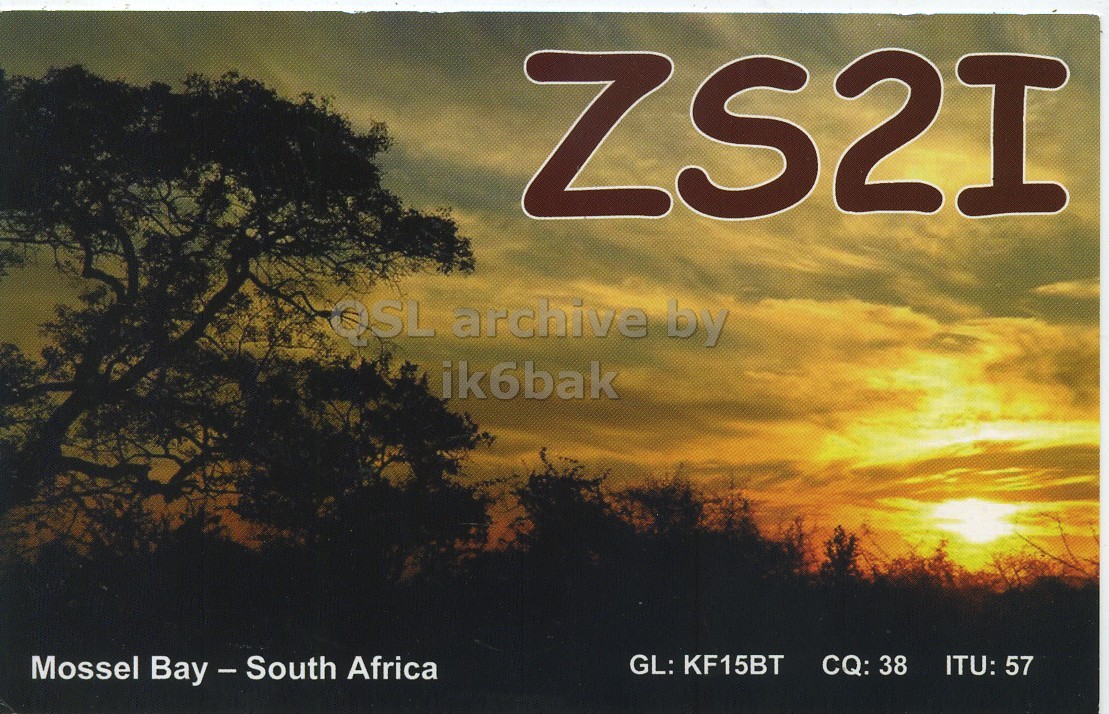 Front QSL card, of ZS2I to IK6CQC, September 6, 2011, SSB mode. The QSL image contains the following objects: Nature, Outdoors, Sky, Sunrise, Sunlight. And contains this text: ZS2I QSL archive by ik6bak Mossel Bay-South Africa GL: KF15BT CQ: 38 ITU: 57 ZS2I QSL archive by ik6bak Mossel Bay-South Africa GL: KF15BT CQ: 38 ITU: 57.